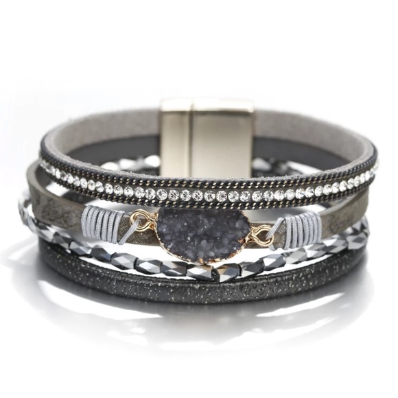 Jewelry - Gray Druzy Shimmer Strap Wrap Bracelet